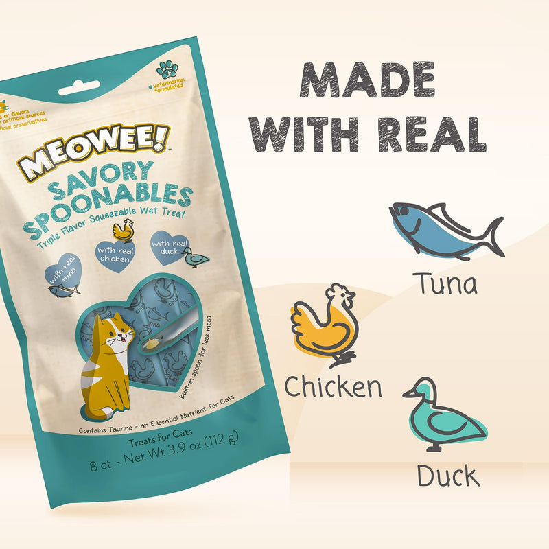 MEOWEE! Savory Spoonables with Real Tuna, Chicken & Duck, 8 Count Tube, Triple Flavor Squeezable Lickable Wet Treats for Cats with Built-in Spoon for Less Mess - BeesActive Australia