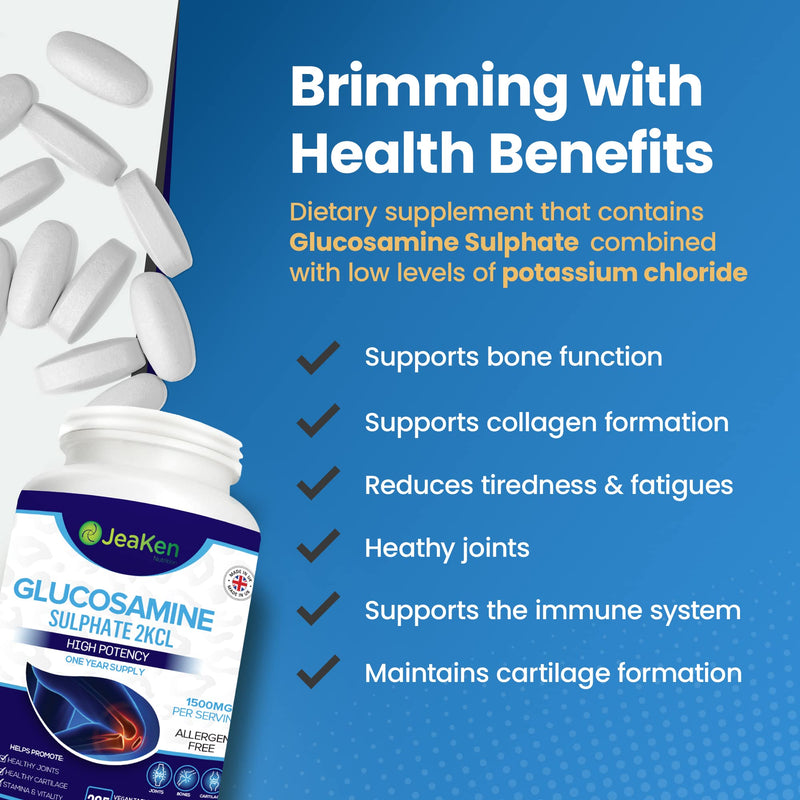 JeaKen - Glucosamine Sulphate 2KCL, 1500 mg Joint Health, Bone Cartilage and Knee Support, Potent Glucosamine Sulphate with Cod Liver Oil and Collagen Supplements for Women and Men, No Gluten and Soy - BeesActive Australia