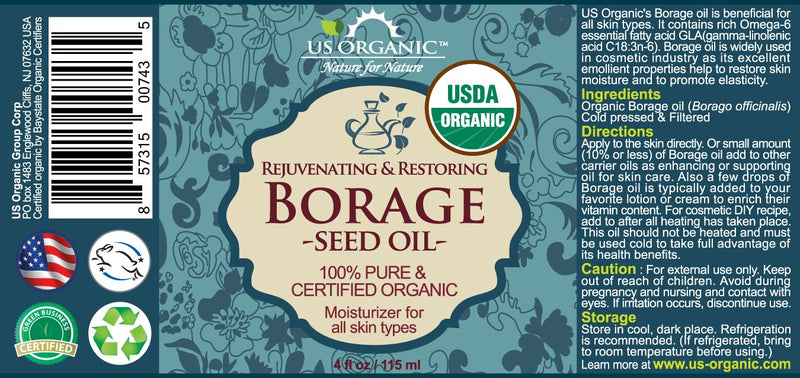 US Organic Borage seed Oil (18% GLA), USDA Certified Organic, 100% Pure & Natural, Cold Pressed, aka Starflower oil, in Amber Glass Bottle w/Glass Eye dropper for Easy Application (4 oz (115 ml)) 4 Fl Oz (Pack of 1) - BeesActive Australia