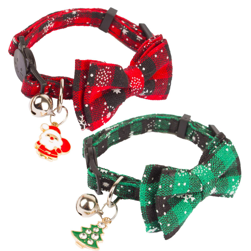 ADOGGYGO Christmas Cat Collar Breakaway with Cute Bow Tie Bell - 2 Pack Kitten Collar Red Green Plaid Pattern Xmas Kitten Collar with Removable Bowtie Cat Bow tie Collar for Kitten Cat (Red&Green-1) - BeesActive Australia