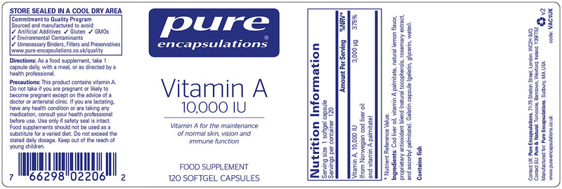 Pure Encapsulations - Vitamin A 10,000 IU - Cod Liver Oil - Supports The Maintenance of Normal Skin, Vision and Immune Function - 120 Softgel Capsules - BeesActive Australia