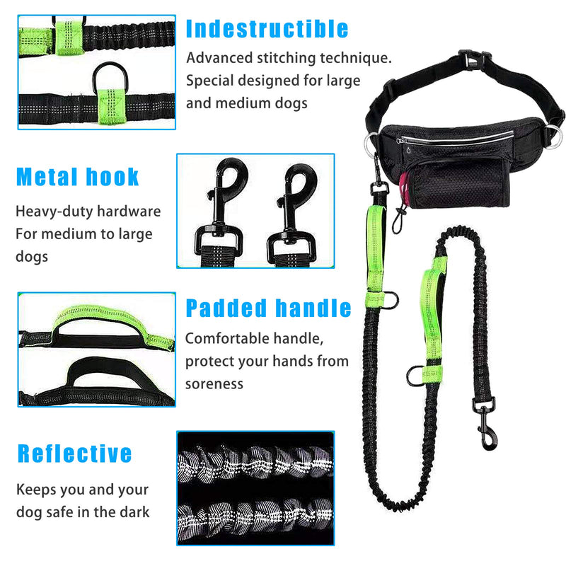 Hands Free Dog Leash, Dual-Handle, Durable Reflective Bungee Leash Kit, Water Bottle Holder Waist Bag with Adjustable Waist Belt, Smartphone Pouch for Running Walking Training Hiking - BeesActive Australia