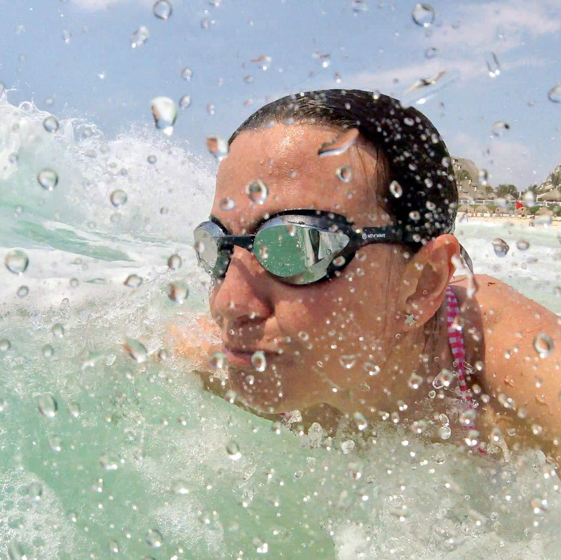 New Wave Swim Goggles with Protective Storage Case - Anti Fog Lenses, Four Nose Bridges for Triathlon & Open Water Swimming Nightfall = Smoke Lens in Black Frame - BeesActive Australia