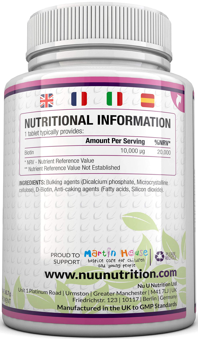 Biotin Hair Growth Supplement - 365 Vegan Tablets (Full Year Supply) - Biotin 10,000mcg by Nu U Nutrition - BeesActive Australia