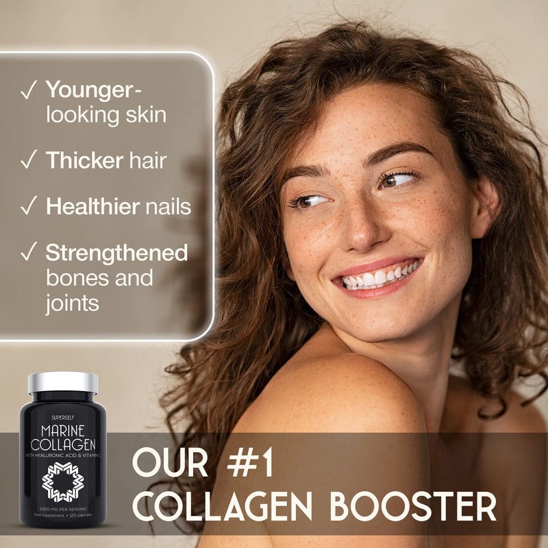 Marine Collagen Capsules 2400mg - Collagen Tablets with Hyaluronic Acid & Vitamin C - High Strength Collagen Supplements for Women & Men - 120 Capsules - Premium Collagen Complex for Skin Joints Hair - BeesActive Australia
