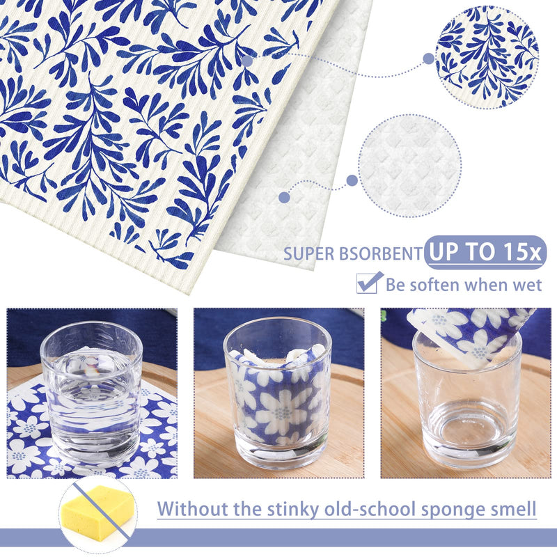 6 Pcs Swedish Kitchen Dishcloths Swedish Dishes Cloths for Kitchen Absorbent Sponge Cloths Kitchen Towels Reusable Cleaning Cloths Quick Drying for Home Kitchen Cleaning Dishcloths (Blue Leaves) Blue Leaves - BeesActive Australia