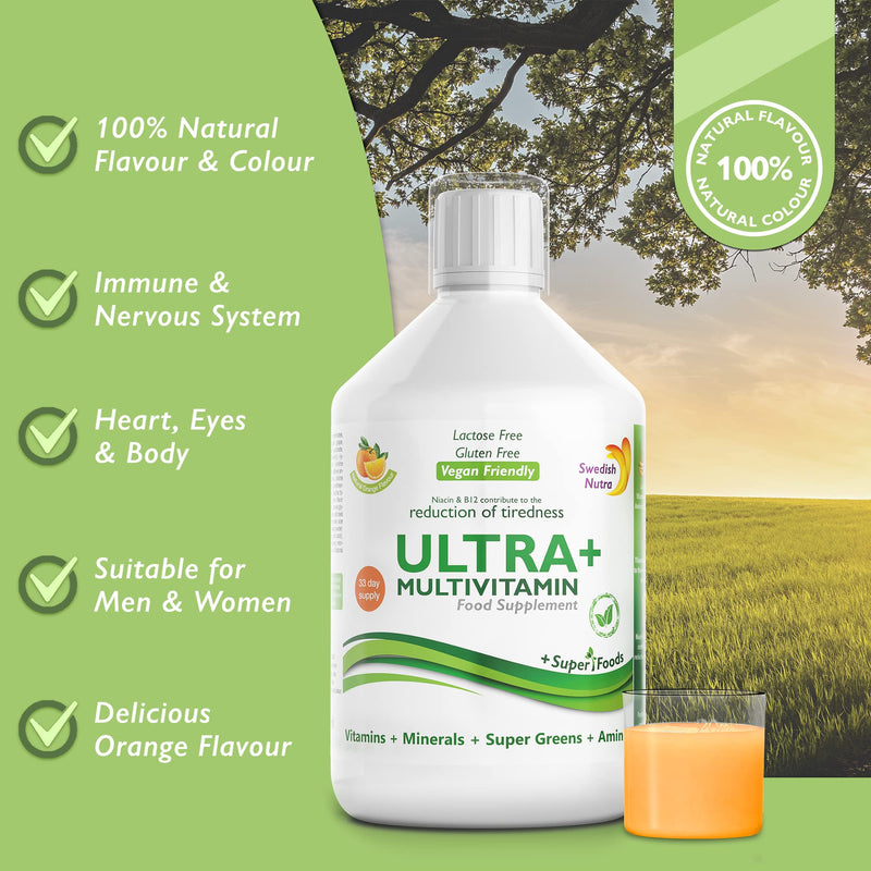 Swedish Nutra Vegan Multivitamin Liquid - Pack of 500ml, 33 Day Supply| Orange Flavour with 51 Active Ingredients| 100% Natural Flavour| High Absorption Rate| Vitamins, Minerals, Aminos & Super Greens - BeesActive Australia