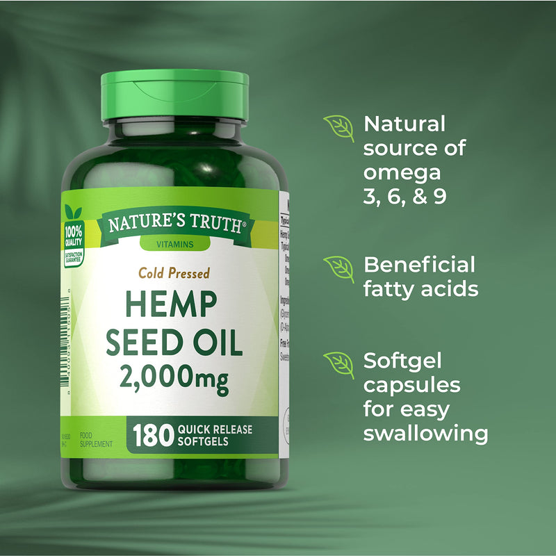 Hemp Seed Oil 2000mg 180 Softgel Capsules | High Strength, Cold Pressed | Natural Source of Omega 3, 6, and 9 | Non-GMO, Gluten Free Supplement - BeesActive Australia