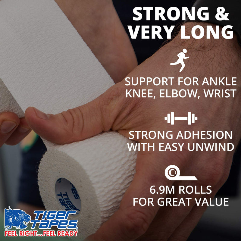 TIGER TAPES - 6 Rolls of Tearable Elastic Adhesive Bandage | 5cm x 6.9m – Easy Tear EAB Tape for Wrist, Knee, Ankle & Ear Strapping - Lightweight & Breathable Adhesion - Used for Prevention, Injuries, Rugby Players, Goalkeepers, Football, Weightlifting... - BeesActive Australia