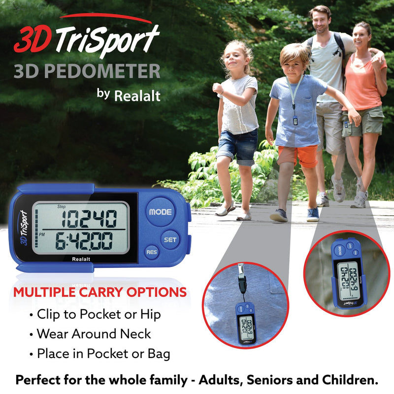 Realalt 3DTriSport Walking 3D Pedometer with Clip and Strap, Free eBook | 30 Days Memory, Accurate Step Counter, Walking Distance Miles/Km, Calorie Counter, Daily Target Monitor, Exercise Time. Blue - BeesActive Australia