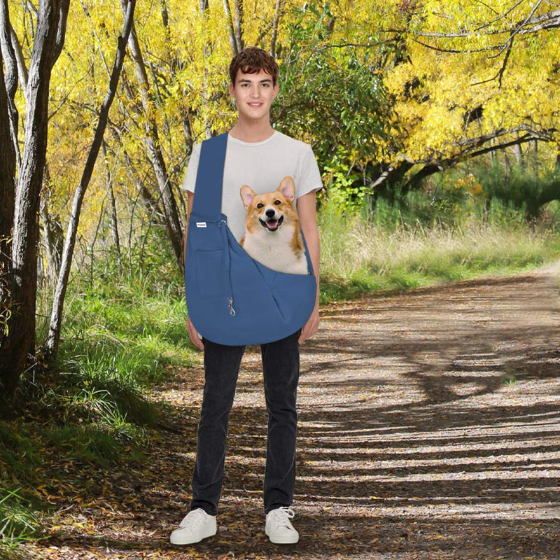 FDJASGY Small Pet Sling Carrier-Hands Free Reversible Pet Papoose Bag Tote Bag with a Pocket Safety Belt Dog Cat for Outdoor Travel Navy Blue - BeesActive Australia