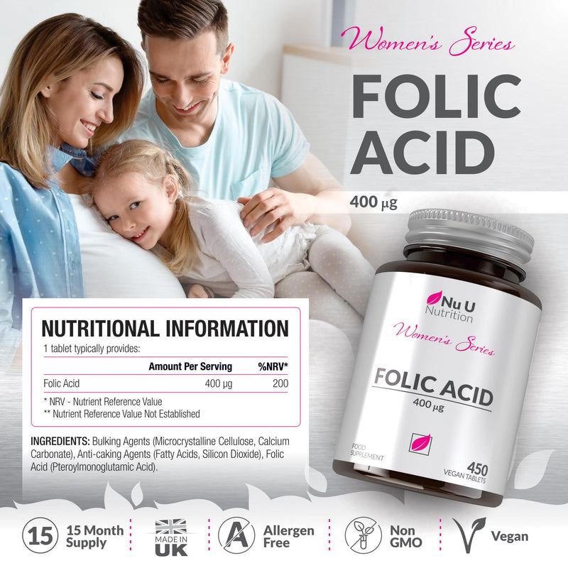 Folic Acid 400 mcg - 450 Vegan Tablets - 15 Month Supply - High Strength Pregnancy Vitamins for Women - Vitamin B9 Supports Maternal Tissue Growth During Pregnancy - Prenatal Vitamins - BeesActive Australia
