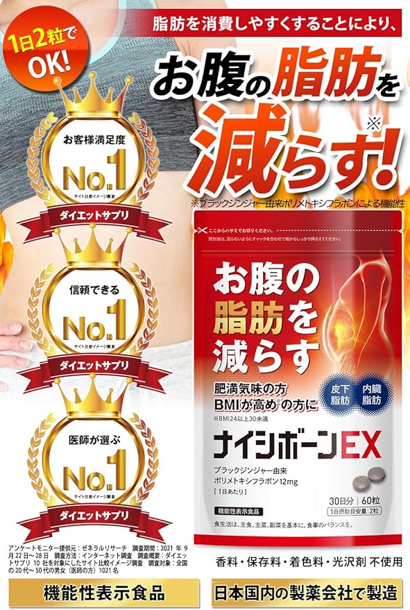 Healthy Naiba Bone EX Tummy Fat, Reduce Visceral/Subcutaneous Fat Diet Support, Black Ginger Supplement, Tablet, Food with Functional Indication, 30 Day Work, Black Ginger, Hihatsu, Kombucha, Carnitine, Gymnema, Capsaicin EAA - BeesActive Australia