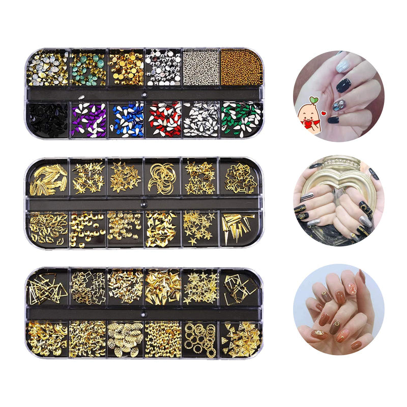 Nail Micro Beads 3D Nails Supply Studs Gold Nail Art Decorations Charms Metal Jewels 36 Grids Star Moon Heart Triangle Square Rivet Gems for Fingernails & Toenails Decor Manicure Tips - BeesActive Australia