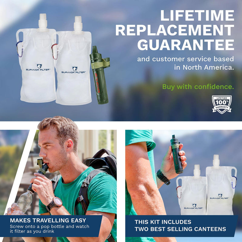 Survivor Filter Squeeze Water Filter Kit  Includes Personal Water Filter Straw & 2 Collapsible Water Bottle Canteens - BeesActive Australia