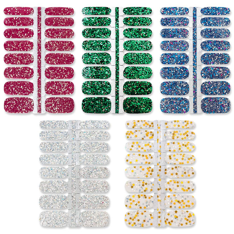 WOKOTO 5 Sheets Adhesive Nail Polish Decals Strips Set With 1Pc Nail File Glitter Sequins Design Nail Wraps Stickers Tips Manicure Accessories KIT1 - BeesActive Australia