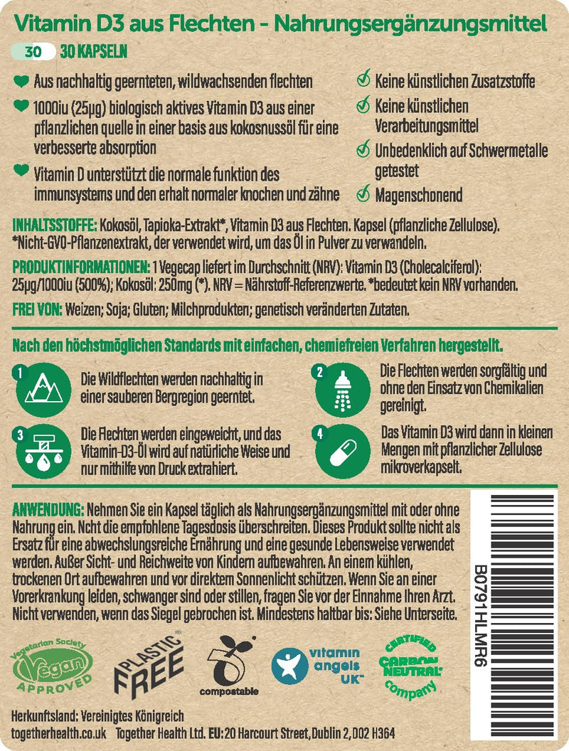 Vitamin D3 � Together Health � 1000iu Vitamin D3 � from Wild-Grown Lichen � Vegan Friendly � Made in The UK � 30 Vegecaps 30 Count (Pack of 1) - BeesActive Australia