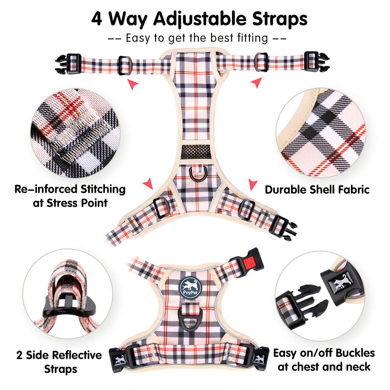 PoyPet No Pull Dog Harness, [Release at Neck] Reflective Adjustable No Choke Pet Vest with Front & Back 2 Leash Attachments, Soft Control Training Handle for Small Medium Large Dogs S Checkered Beige - BeesActive Australia
