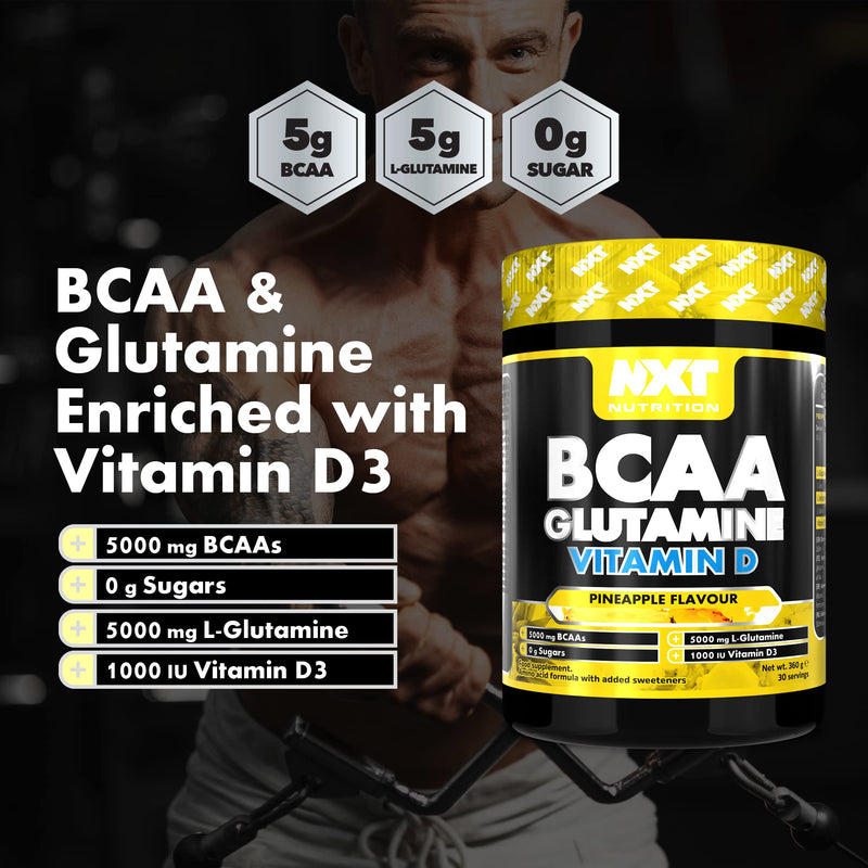 NXT Nutrition BCAA, Glutamine & Vitamin D | BCAAs Amino Acids with Vitamin D3 and L-Glutamine - for Recovery, Gut Health and Muscle Protein Synthesis | 360g - 30 Servings (Pineapple) - BeesActive Australia