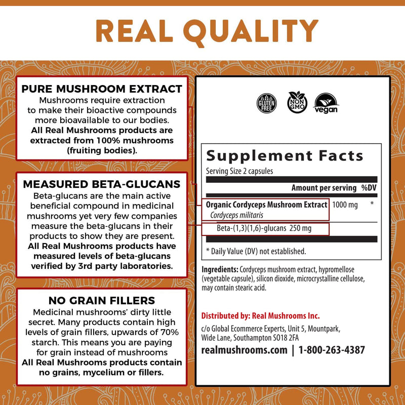 Cordyceps Performance Mushroom Extract Powder Supplement - Improve Energy and Endurance (120ct) Non-GMO (60 Days) 120 Count (Pack of 1) - BeesActive Australia