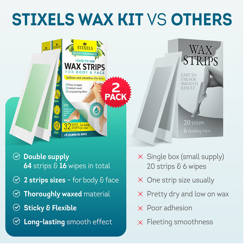 Wax Strips for Hair Removal – 64 Count Waxing Kit for Women & Men with 48 Body Wax Strips, 16 Face Waxing Strips, 16 Oil Wipes – Hair Remover Wax Kit for Face, Legs, Arms, Armpits, Bikini – 2 Pack - BeesActive Australia