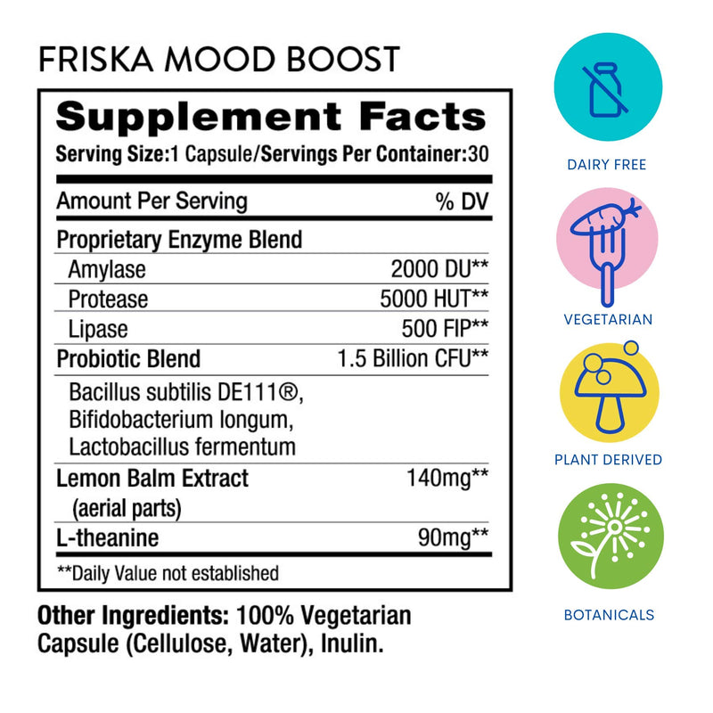 FRISKA Mood Boost | Digestive Enzyme and Probiotic Supplement with L.Theanine and Lemon Balm Extract | Natural Anxiety & Stress Support | 30 Capsules - BeesActive Australia