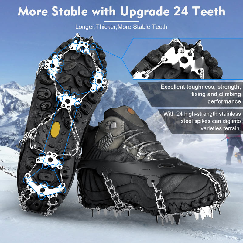 Wirezoll Ice Cleats, Crampons for Hiking Boots and Snow Shoes Non Slip Climbing Spikes Ice Grippers for Traction with Boot Chains and Microspikes for Men and Women Medium 24 Teeth Black - BeesActive Australia