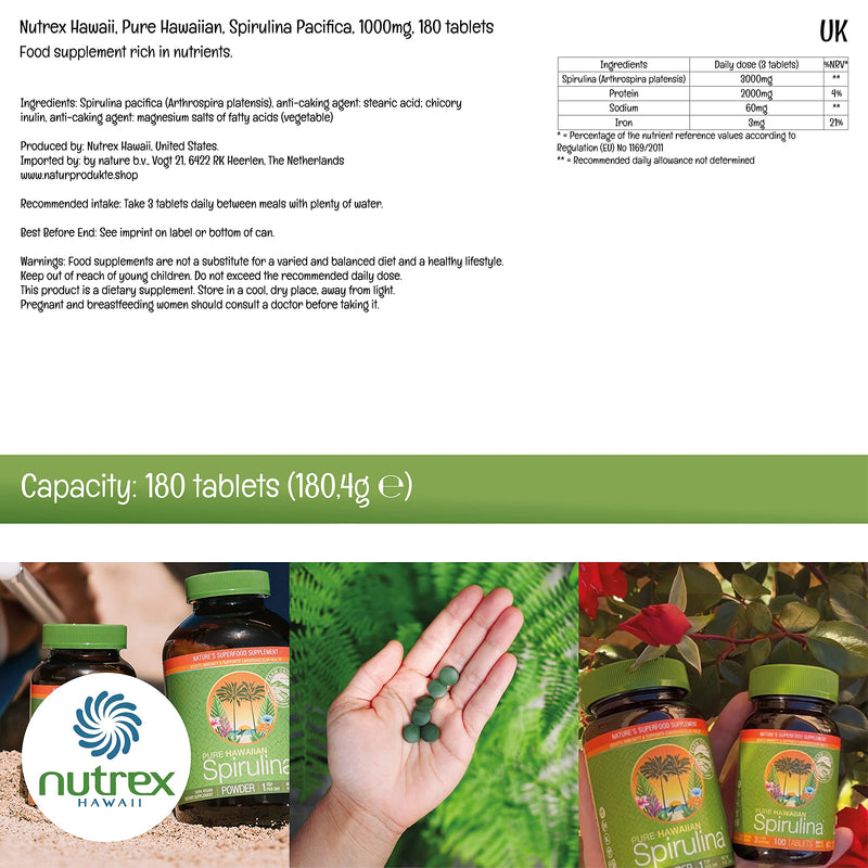 Nutrex Hawaii, Pure Hawaiian Spirulina, 1,000 mg, 180 Vegan Tablets, Lab Tested, Gluten-Free, Soya-Free, Vegetarian - BeesActive Australia