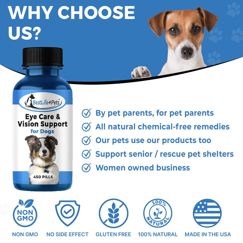 Eye Care and Vision Support Dog Supplement - Natural Eye Infection Treatment Relieves Conjunctivitis, Swelling, Discharge, and More - Stop The Dog Eye Drops Struggle with Easy to Use Pills (450 ct.) - BeesActive Australia