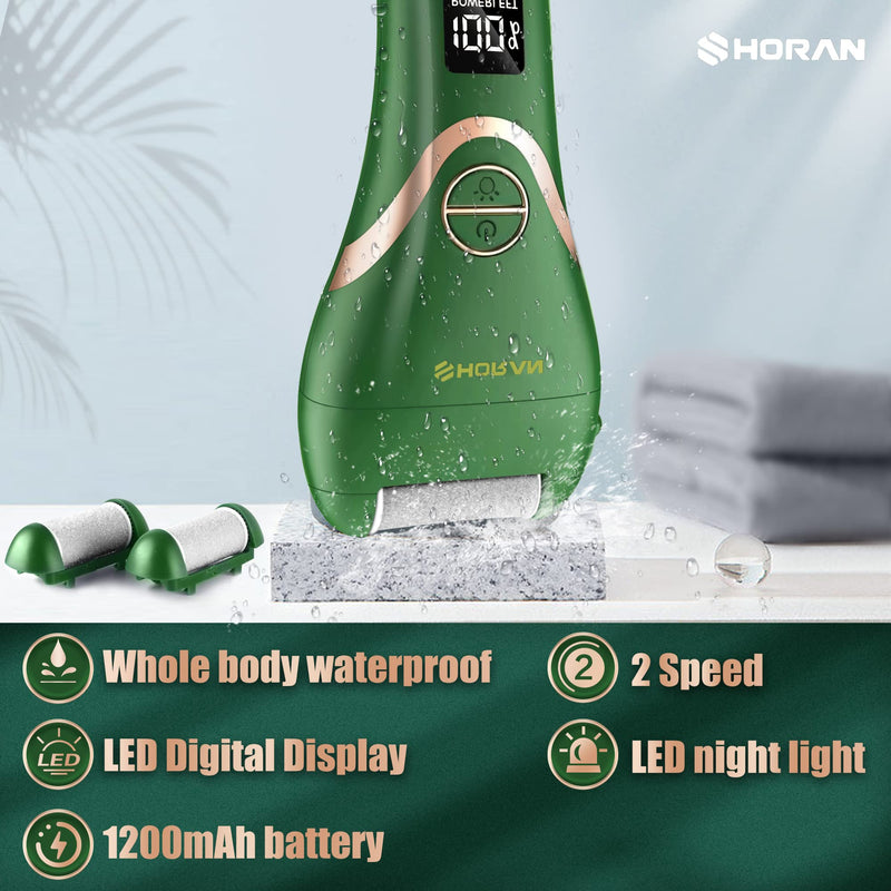 SHORAN Electric Foot File Feet Hard Skin Remover, Professional Callus Remover Foot Grinder Pedicure Foot Care Set for Dead Skin Dry Skin, USB Rechargeable with 3 Replacement Roller and 2 Foot Scraper Green Foot File - BeesActive Australia