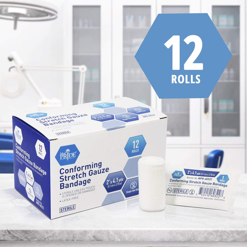 Medpride Conforming Stretch Gauze Bandages 12 Rolls 2'' x 4.1 Yards | Sterile Latex Free First Aid Pads | Wound Care Rolled Dressing Wrap | Medical Non-Adherent Mesh Bandages 2x147.6 Inch (Pack of 12) - BeesActive Australia