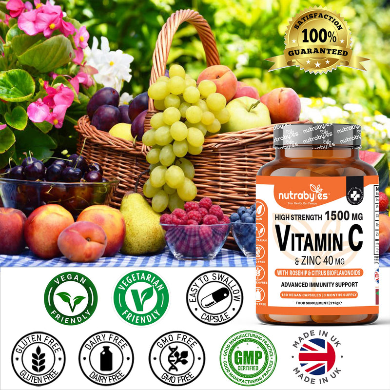 High Strength Vitamin C and Zinc Capsules | Vitamin C 1500mg and Zinc 40mg | Enhanced with Rosehip and Citrus Bioflavonoids | for Maintenance of Normal Immune System | 180 Vegan Capsules | Made in UK 180 Count (Pack of 1) - BeesActive Australia