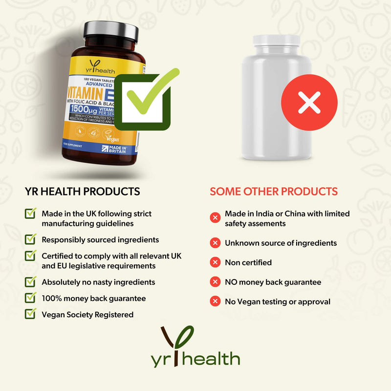 Vegan Vitamin B12 Tablets 1500mcg Methylcobalamin High Strength with Added Folic Acid & Black Pepper - 180 Tablets (6 Month Supply) - Reduction of Tiredness & Fatigue - Made in The UK by YrHealth - BeesActive Australia