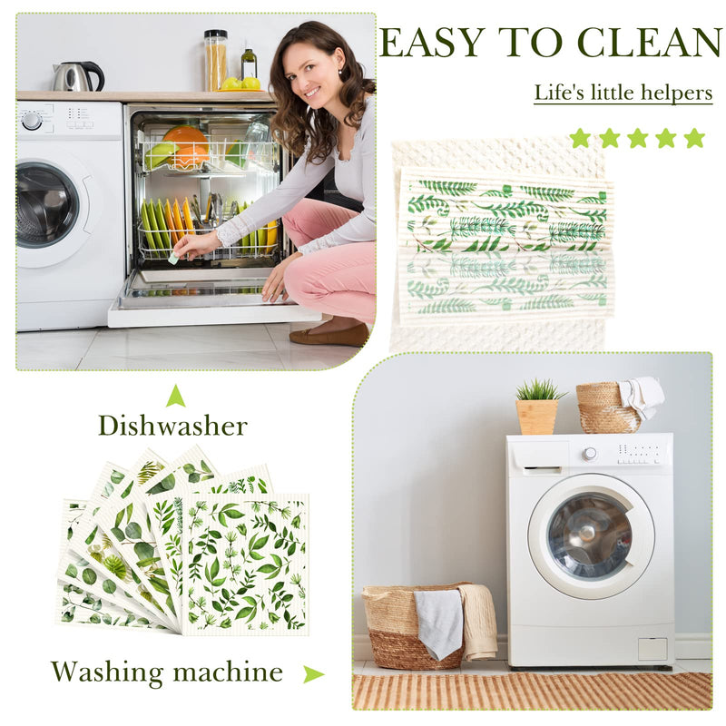 6 Pcs Swedish Kitchen Dish Cloths Reusable Sponge Cleaning Wipes Absorbent Quick Drying Washable Decorative Tea Towels No Odor Bar Hand Towel (Leaves) Leaves - BeesActive Australia