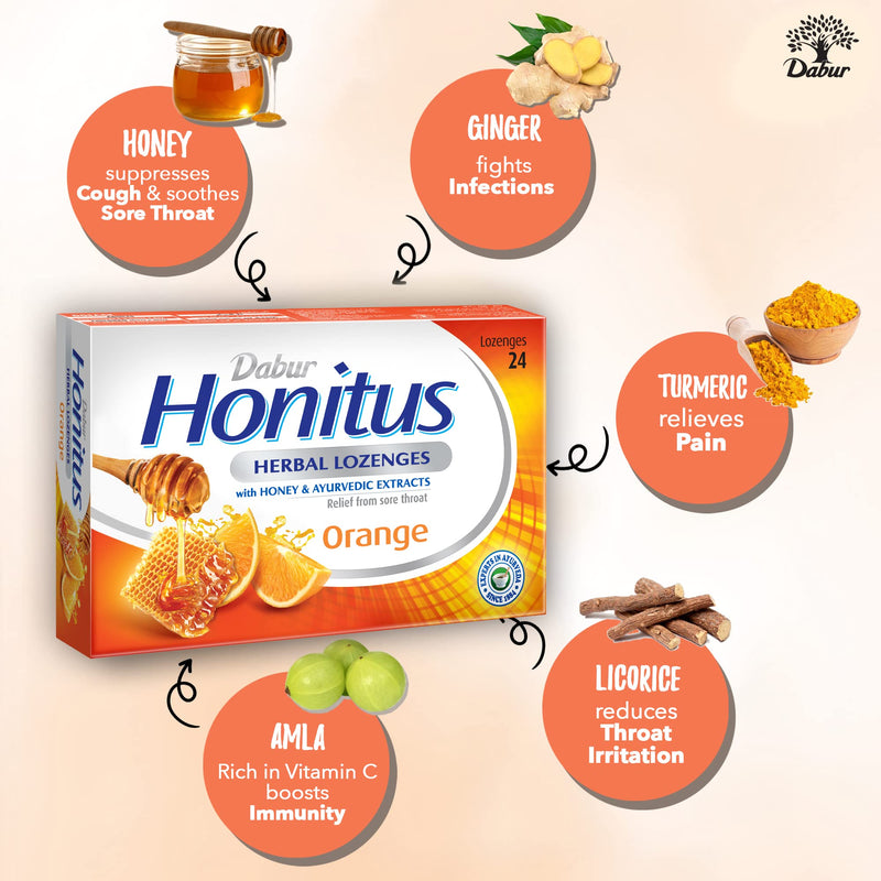 Dabur Honitus Herbal Lozenges | Effective Relief from Cough & Sore Throat Pain | Orange Flavor - 24 Lozenges - BeesActive Australia