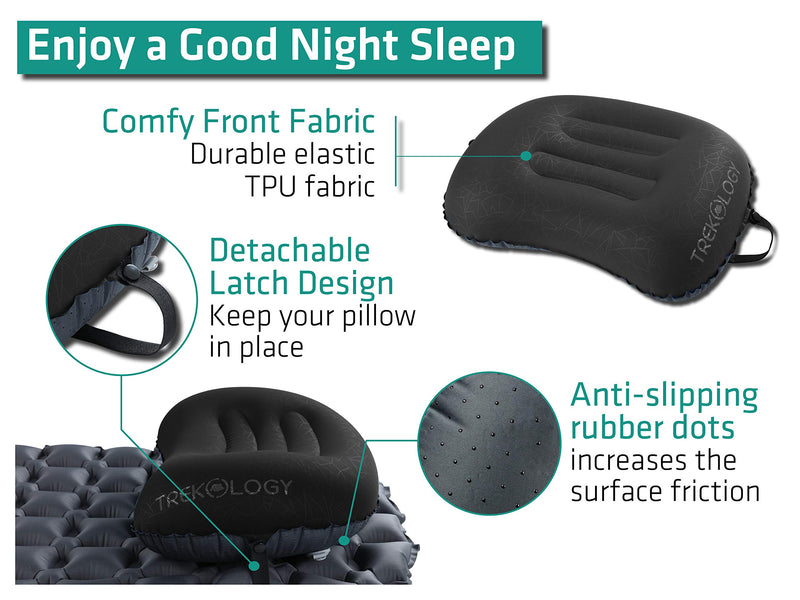 Trekology Ultralight Inflatable Camping Travel Pillow - ALUFT 2.0 Compressible, Compact, Comfortable, Ergonomic Inflating Pillows for Neck & Lumbar Support While Camp, Hiking, Backpacking Black - BeesActive Australia