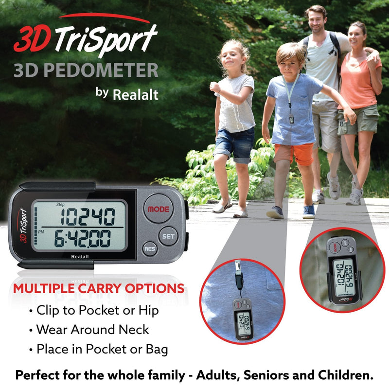 3DTriSport Walking 3D Pedometer with Clip and Strap, Free eBook | 30 Days Memory, Accurate Step Counter, Walking Distance Miles/Km, Calorie Counter, Daily Target Monitor, Exercise Time. Grey/Black - BeesActive Australia