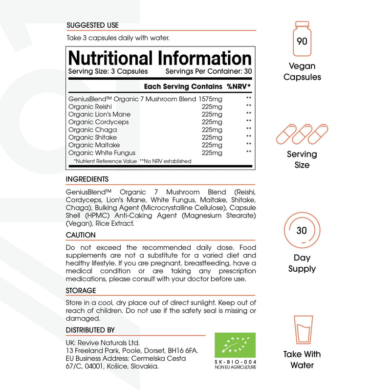 Organic Mushroom Complex 1575mg | Reishi, Cordyceps, Lion's Mane, White Fungus, Maitake, Shitake & Chaga | Non-GMO, Halal. 90 Vegan Capsules 1 - BeesActive Australia