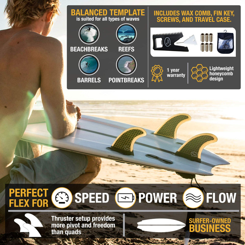Ho Stevie! Thruster Surfboard Fins (3 Fins) - Twin Tab or Single Tab Sizes, with Fin Bag, Screws, Wax Comb and Fin Key Black - BeesActive Australia