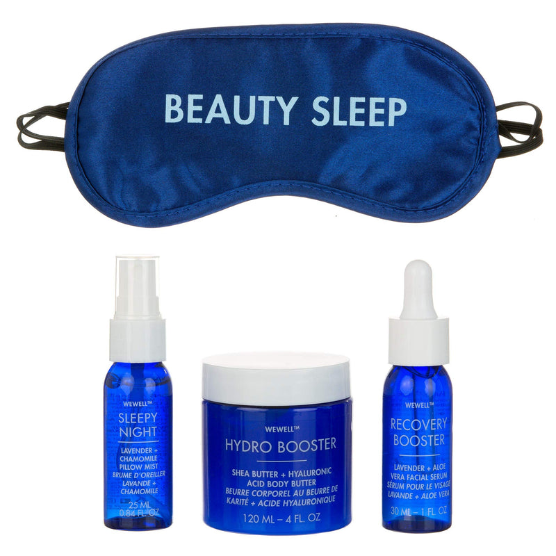 WEWELL, Dream Big 4 Piece Set, sleeping eye mask, pillow mist, a hydrating shea butter + hyaluronic acid body butter and a nourishing lavender + aloe recovery facial serum. - BeesActive Australia