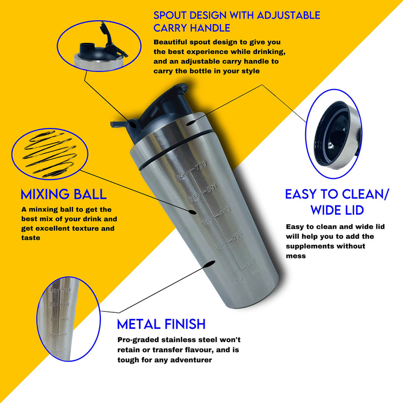 Stainless steel protein shake bottle for gym/sports, 740 ml metal bottle for mixing suppliments with mixing ball, Leak proof, BPA free, shaker bottle for men and women (silver) - BeesActive Australia