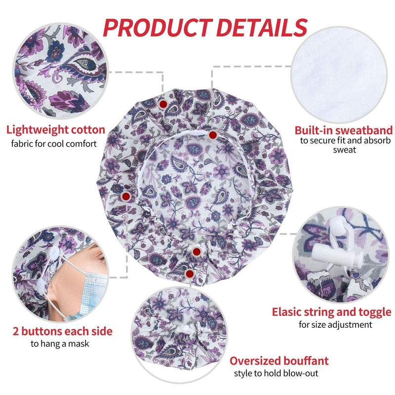 Purefitinsoles Bouffant Caps with Buttons, Working Hats with Sweatband and Elastic Toggle Adjustment, One Size Fit All A-purple Feather - BeesActive Australia