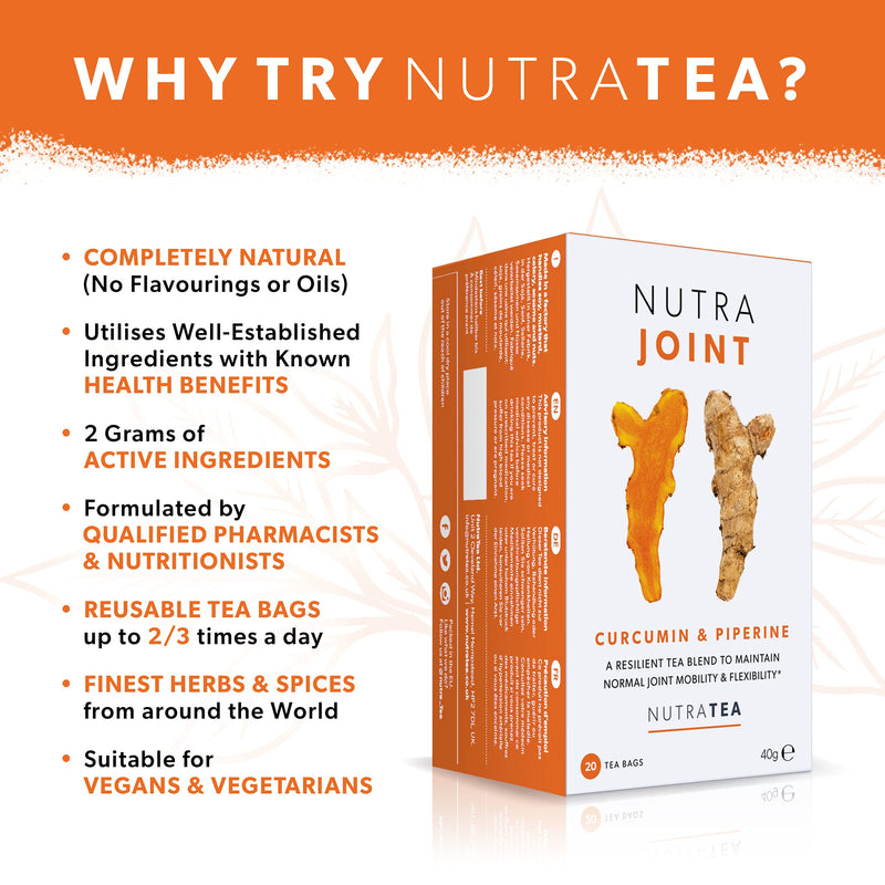NUTRAJOINT - Joint Care Tea | Joint Pain Tea - Helps Improve Joint Mobility & Flexibility- Includes Turmeric, Green Tea & Black Pepper - 20 Enveloped Tea Bags - by Nutra Tea - Herbal Tea 20 Count (Pack of 1) - BeesActive Australia