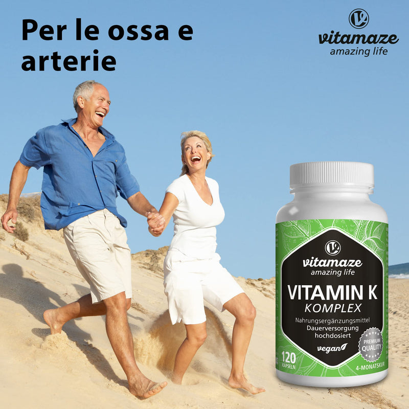 Vitamin K Complex K1 and K2 Menaquinone - High Strength (K1 1.000 mcg MK4 + K2 200 mcg MK7) - 120 Vegan Capsules for 4 Months - Best Bioavailability Supplement - Without Additives- Vitamaze Vitamin K Complex - BeesActive Australia