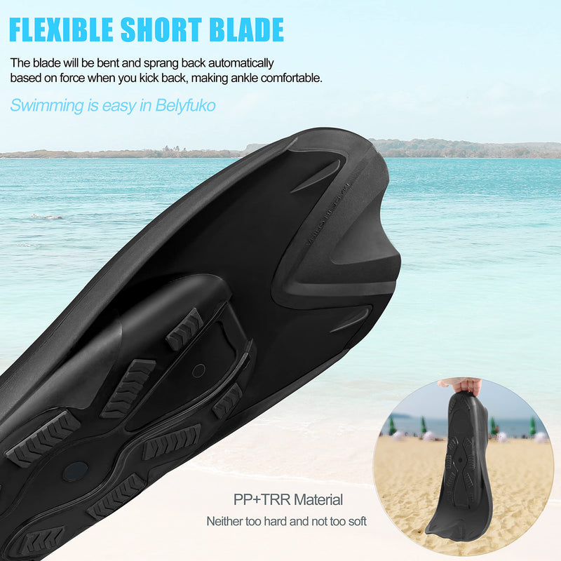 Belyfuko Short Swim Fins, Adult Snorkel Fins for Lap Swimming Diving Snorkeling Travel Size with Mesh Bag Black Small - BeesActive Australia