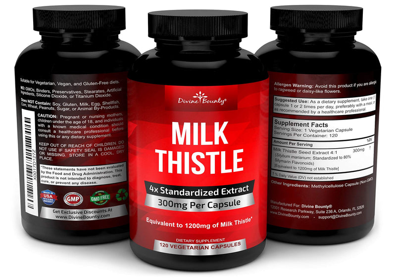 Pure Milk Thistle Capsules Supplement - A Potent 1200mg Milk Thistle Supplement with 4X Concentrated Extract (Standardized) 120 Vegetarian Capsules - BeesActive Australia