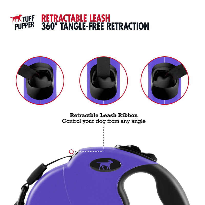 Tuff Pupper Heavy Duty Retractable Dog Leash | 16 ft Dog Leash with Reflective Stitching for Nighttime Safety | One Button Lock and Release | Comfortable Hand Grip | for Dogs Up to 120 lbs X-Large (Pack of 1) Ultra Violet - BeesActive Australia