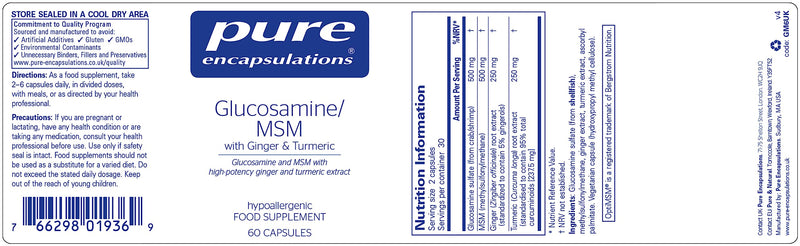 Pure Encapsulations - Glucosamine/MSM - Dietary Supplement Support for Healthy Joint Function and Tissues - with Ginger and Turmeric - 60 Capsules - BeesActive Australia