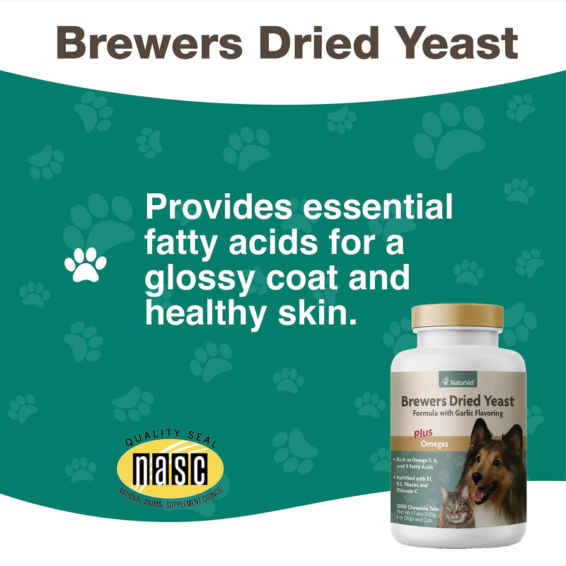 NaturVet Brewers Dried Yeast Formula with Garlic Flavoring Plus Omegas for Dogs and Cats, Chewable Tablets, Made in the USA 1,000 Tablets - BeesActive Australia