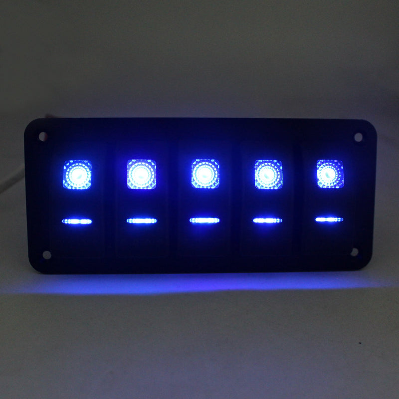 [AUSTRALIA] - FXC Rocker Switch Aluminum Panel 5 Gang Toggle Switches Dash 5 Pin ON/Off 2 LED Backlit for Boat Car Marine Blue 